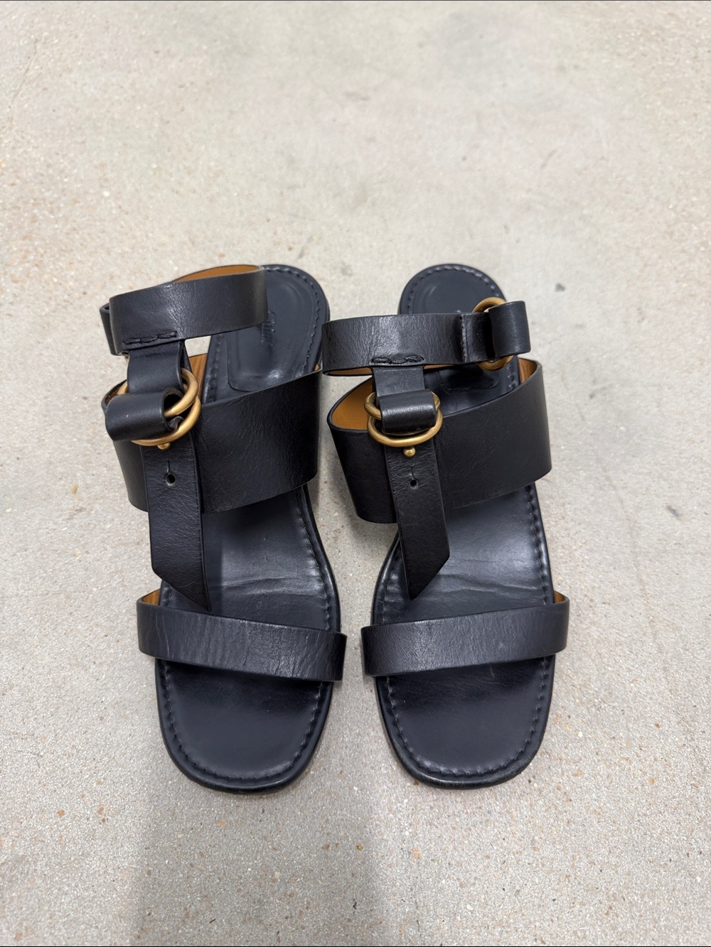 Chloe Black Leather Strap Sandals with Gold Rings